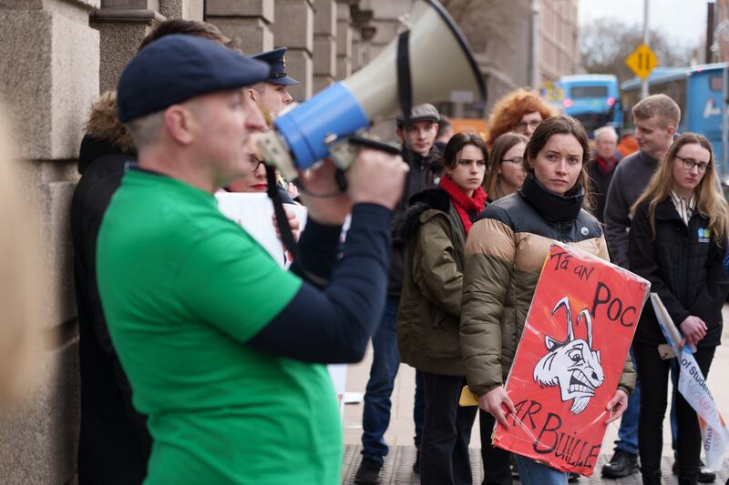 A Gaeltacht Housing Crisis (Géarchéim Tithíochta na Gaeltachta) demonstration at Leinster House in February. Photograph: Barry Cronin