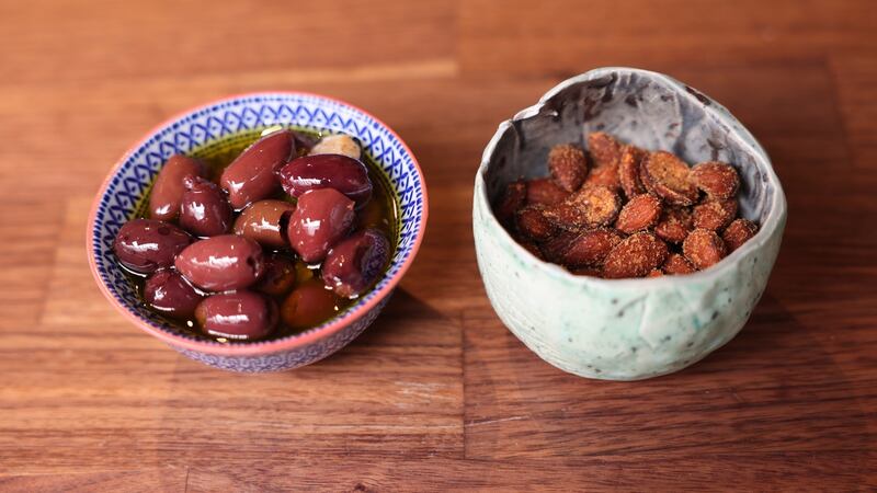 Kalamata olives and smoked almonds at  Bhonn Space, Blackrock Market. Photograph: Dara Mac Dónaill