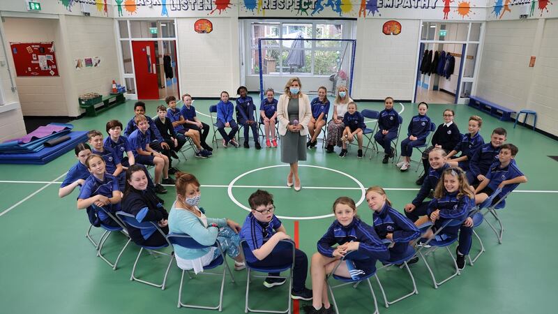 Dr Kathryn Corbett with sixth-class pupils at Bishop Galvin National School, Templeogue, Dublin. Photograph: Nick Bradshaw