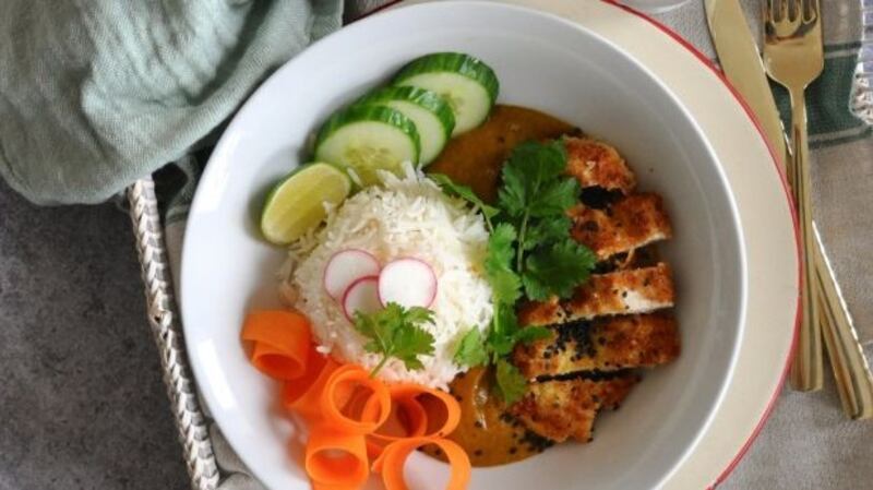 Chicken katsu curry with cucumber and carrot ribbons. Photograph: Lilly Higgins