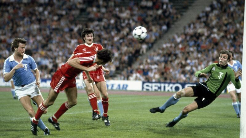 Francis dives to head the ball past Malmo goalkeeper Jan Moller to score the winning goal in the European Cup Final. Photo: Bob Thomas/Getty Images