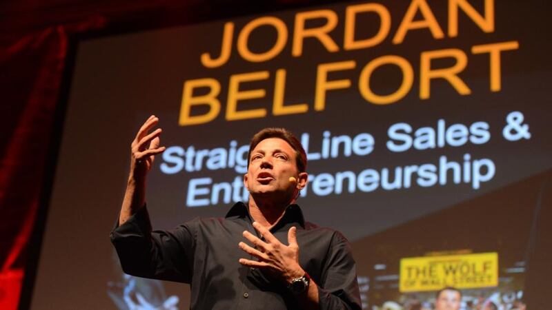Jordan Belfort during his talk last night at the RDS to a crowd of just under 3,000. Photograph: Cyril Byrne