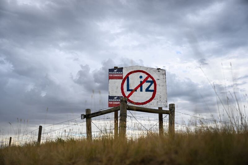 A hand painted sign opposing Liz Cheney and supporting her Republican primary opponent Harriet Hageman in Casper, Wyoming. Photograph: Patrick  T Fallon/AFP via Getty Images