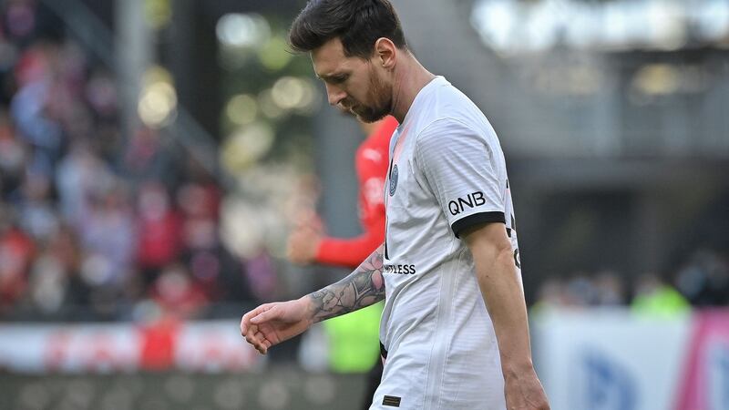 Lionel Messi reacts after PSG’s loss to Rennes. Photo: Loic Venance/AFP via Getty Images