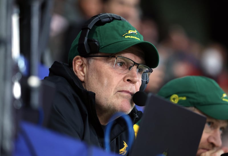 South Africa head coach Johan 'Rassie' Erasmus reacts during Saturday's Test against France in Paris. Photograph: Xavier Laine/Getty