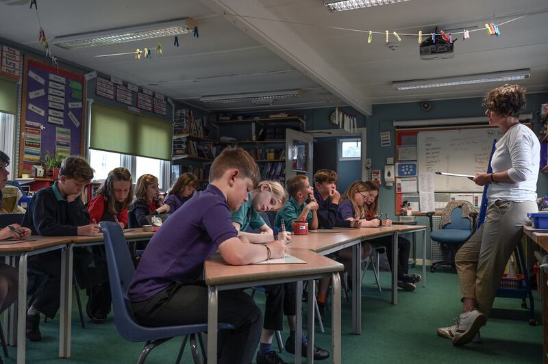 Aalin Clague leads a class in the Manx language at Bunscoill Ghaelgagh, a school in St John’s on the Isle of Man. Photograph: Mary Turner/The New York Times
