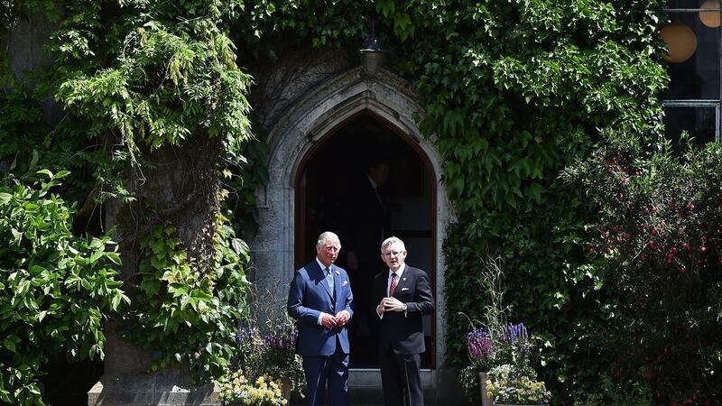 Prince Charles speaks to  UCC president Prof Patick O’Shea during a visit to the university on Thursday. Photograph:  Charles McQuillan/Getty Images.