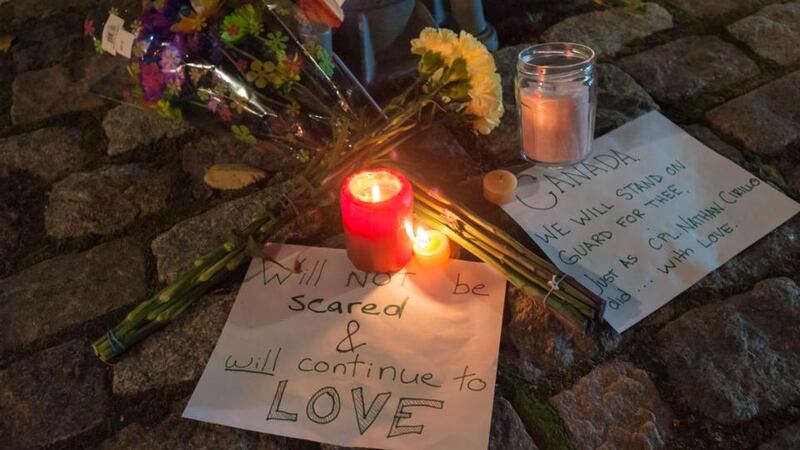 A makeshift memorial on street near  Canada’s National War Memorial in Ottawa. Photograph: Warren Toda/EPA