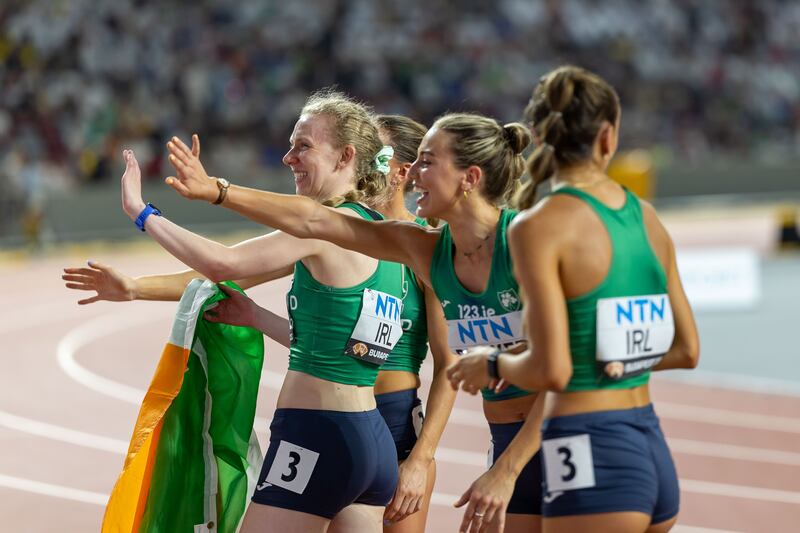 The Irish women’s 4x400m team of Roisin Harrison, Kelly McGrory, Sophie Becker and Sharlene Mawdsley at the World Athletic Championships in Budapest. Photograph: Morgan Treacy/Inpho