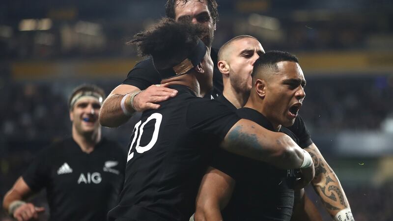 Ngani Laumape celebrates his try against France. Photograph: Phil Walter/Getty