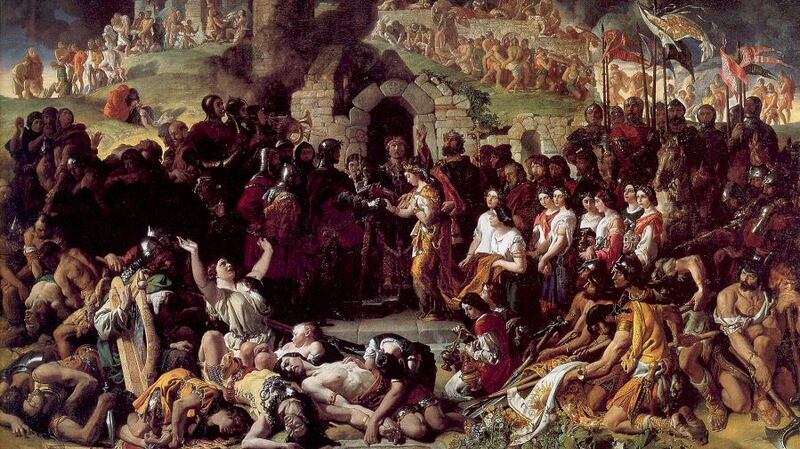 Daniel Maclise’s masterpiece ‘The Marriage of Strongbow and Aoife’ in the National Gallery shows tattooed Irish warriors strewn out on the battlefield.