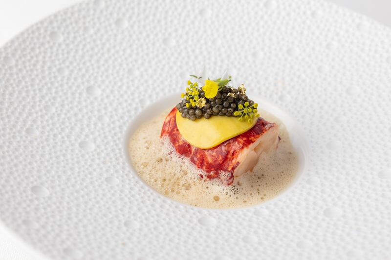 Poached lobster tail, butternut and cumin puree, shellfish foam. Osietra caviar, Ballyfin. Photograph: Naoise Culhane
