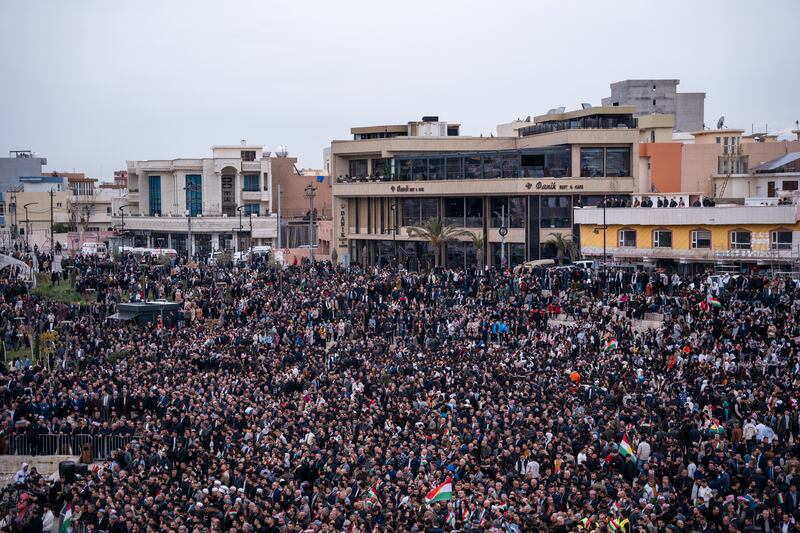 Hundreds of protesters gather on Sunday in Duhok, Iraq, to protest against the attack by Iran on the northern Iraqi city of Erbil last week. Photograph: Muhammet Bamerni/Anadolu via Getty Images