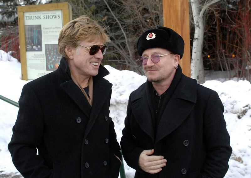 President and Founder of Sundance Institute Robert Redford and Bono of U2 during the 2008 Sundance Film Festival at the Sundance Resort on January 19th, 2008 in Park City, Utah.  Photograph: Fred Hayes/WireImage