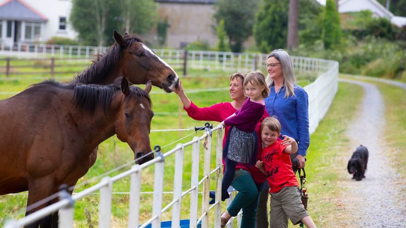 17/06/2020. Pictured at Head View, Lismore Co Waterford are Gemma Tipton and Jess Curnow with her children Cece (4) and Alphie (5) with their horses Bosco and Zebedee. Picture: Patrick Browne