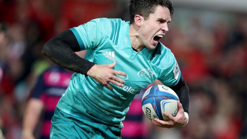 Munster’s Joey Carbery celebrates scoring the opening try in their victory over Gloucester at Kingsholm Stadium. Photograph: Dan Sheridan/Inpho