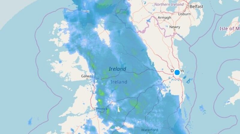 A rainfall map from 9am on Sunday showing a heavy band of rain passing over the country.