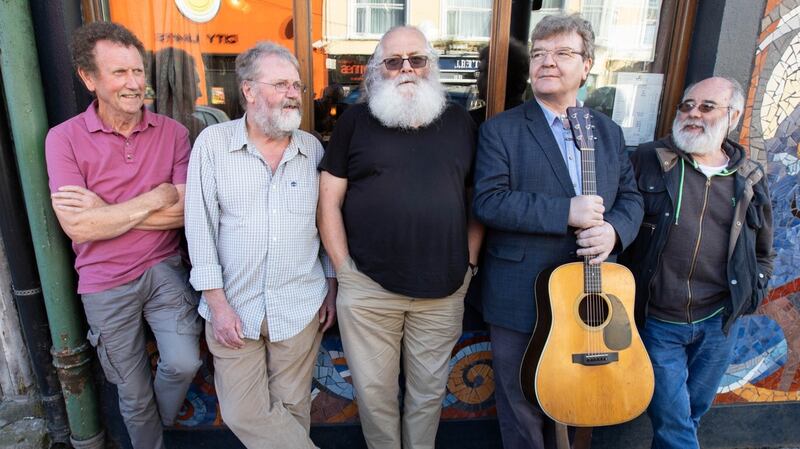 Committee members of the first Cork Folk Festival in 1979: Paul Millard, Jim Walsh, Malachy Daly, Noel Shine, and Mick Daly at The Corner House launching the 2019 Festival programme. Photograph: Darragh Kane