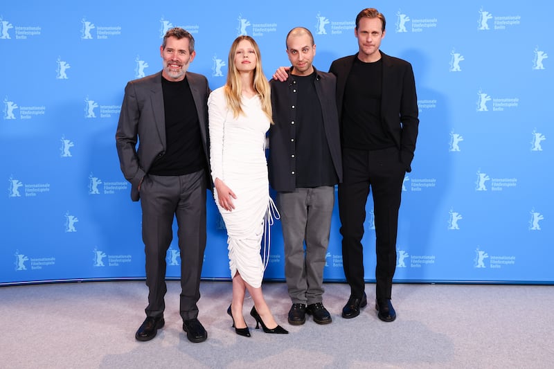 Jalil Lespert, Mia Goth, Brandon Cronenberg and Alexander Skarsgard pose at the "Infinity Pool" photocall during the 73rd Berlinale International Film Festival Berlin at Grand Hyatt Hotel in Berlin, Germany. Photograph: Sebastian Reuter/Getty Images