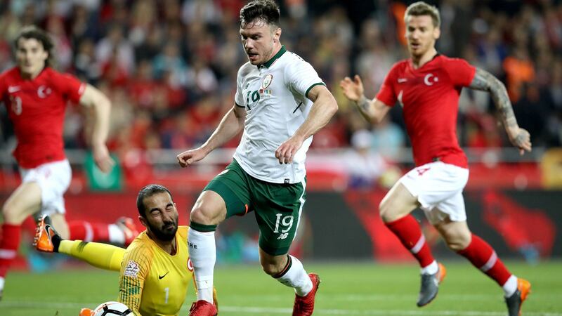 Republic of Ireland striker  Scott Hogan rounds Turkey goalkeeper Volkan Barbican during the friendly international at the Antalya Stadyumu. Photograph: Ryan Byrne/Inpho