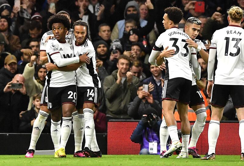 Willian of Fulham with teammates after scoring the opening goal against Chelsea. Photograph: Vince Mignott/EPA