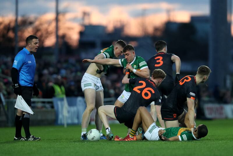 Tempers flarfebetween Kerry and Armagh players. Photograph: Bryan Keane/Inpho