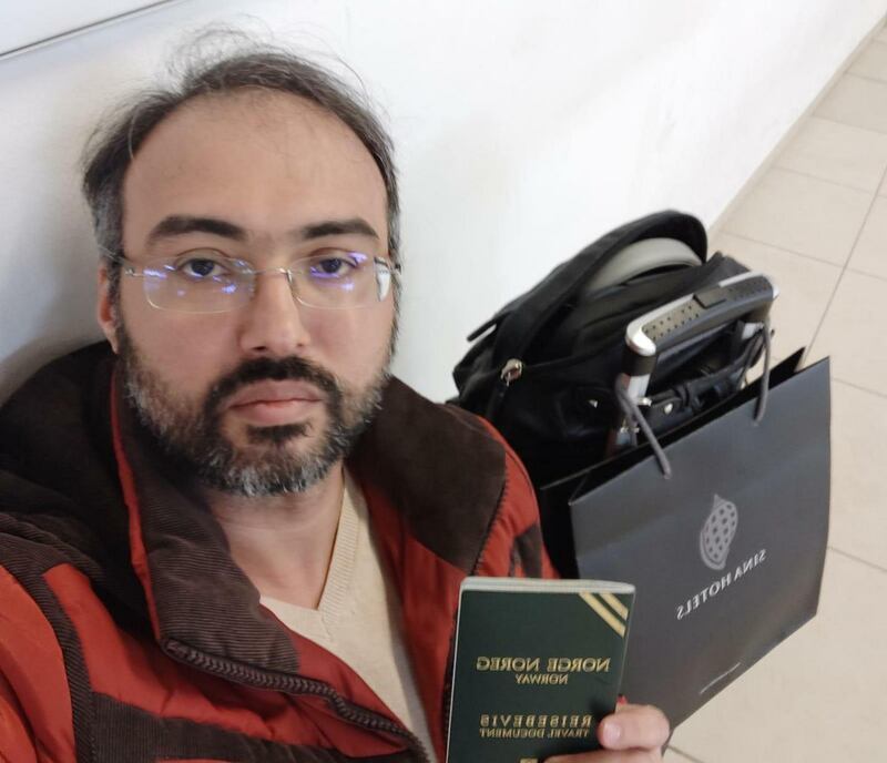 Iyad el-Baghdadi at Berlin Schonefeld airport after he was denied access to board his flight to Dublin. Photograph: Iyad el-Baghdadi