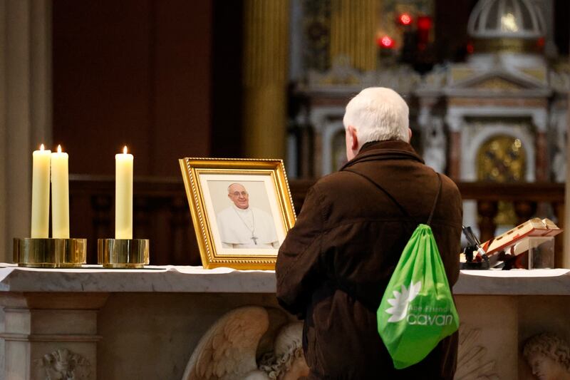 2025. Parishioners pay their respects to Pope Francis in the Pro-Cathedral, Marlborough Street, Dublin.  Photo: Nick Bradshaw 