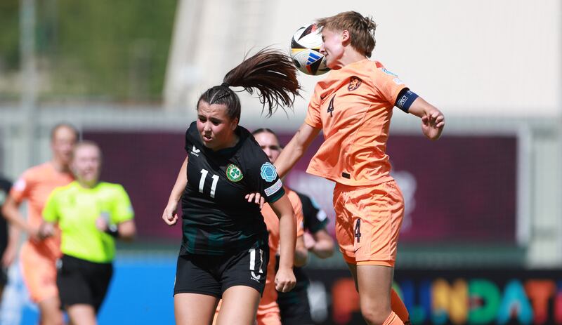 Ireland’s Lia O’Leary with Isa Kardinaal of The Netherlands. Photograph: Nikola Krstic/Inpho