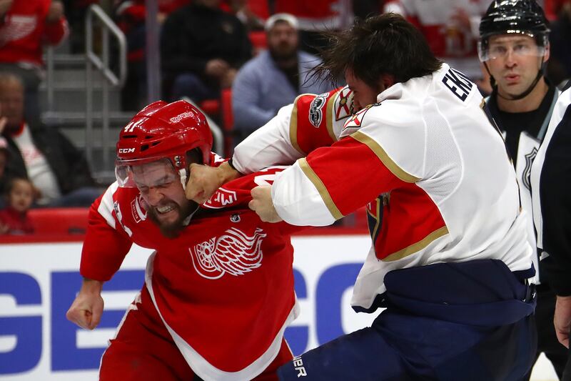Luke Glendening of the Detroit Red Wings ice hockey team fights Aaron Ekblad of the Florida Panthers in Detroit, Michigan in December 2017. Photograph: Gregory Shamus/Getty Images