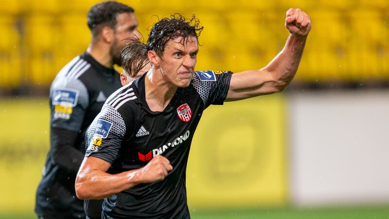 Eoin Toal celebrates after scoring Derry’s second in their extra-time defeat in Vilnius. Photograph: Saulius Cirba/Inpho