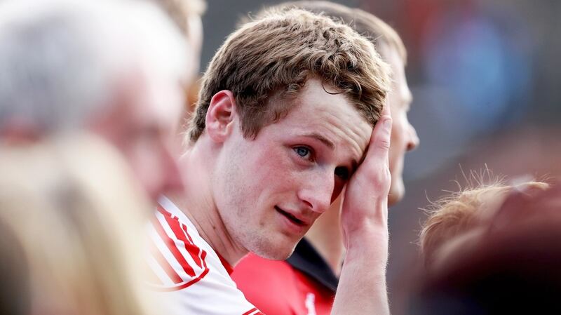 Slaughtneil and Derry’s Brendan Rogers dejected after the quailfier loss to Mayo last year. Photograph: Tommy Dickson/Inpho