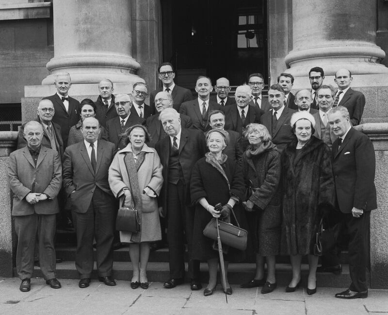 The first meeting of the new shareholders, including Liam Ó Briain (second row, fifth from the right hand side) of the Abbey Theatre was held in 1965. Photograph: Jack McManus/ The Irish Times