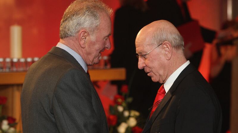 Harry Gregg and Bobby Charlton at a memorial service for the 50th anniversary of the Munich Air Disaster. Photograph: John Peters/Getty