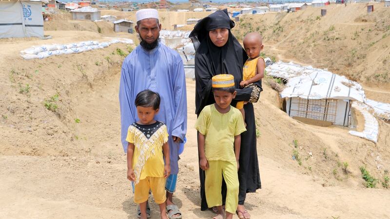 Aminul Lah (35), his wife Sanjida Begum (28) and their three children, Sohelabibi (4), Ahmed (7) and Muhammed (18 months), recently arrived from Buthidaung township, Rakhine State, Myanmar. Photograph: Kathleen Harris