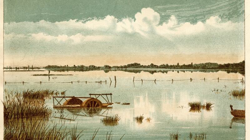 “Harvest Cart immersed in Flood. Wire Fence appearing above water”
