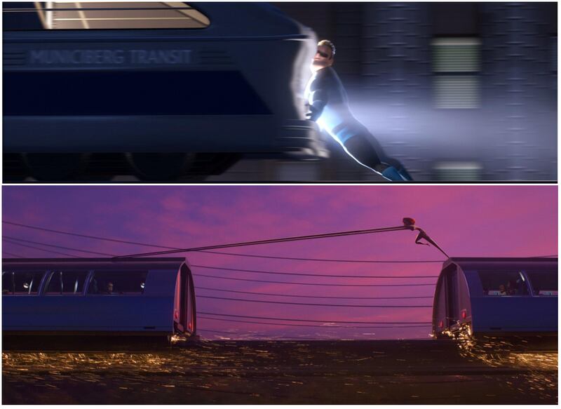 Then: Mr Incredible stopping a train from derailing. Now: Details such as  sparks and a dusky sky punctuate Elastigirl’s efforts to save a runaway train. Photograph: Disney/Pixar