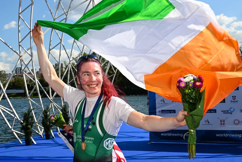 Ireland’s Siobhán McCrohan celebrates after winning gold at the World Rowing Championships in Belgrade. Photograph: Detlev Seyb/Inpho