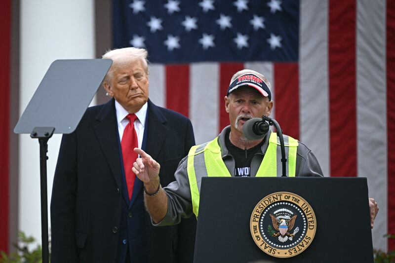 Brian, from Detroit, speaks alongside US President Donald Trump as he delivers remarks on reciprocal tariffs during an event in the Rose Garden entitled 'Make America Wealthy Again' at the White House in Washington, DC, on April 2nd, 2025. Photograph: Getty Images     