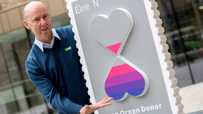 Andy Kavanagh, an  employee of An Post and the longest surviving heart transplant recipient, at the GPO, Dublin to launch the special stamp. Photograph:  Maxwell Photography