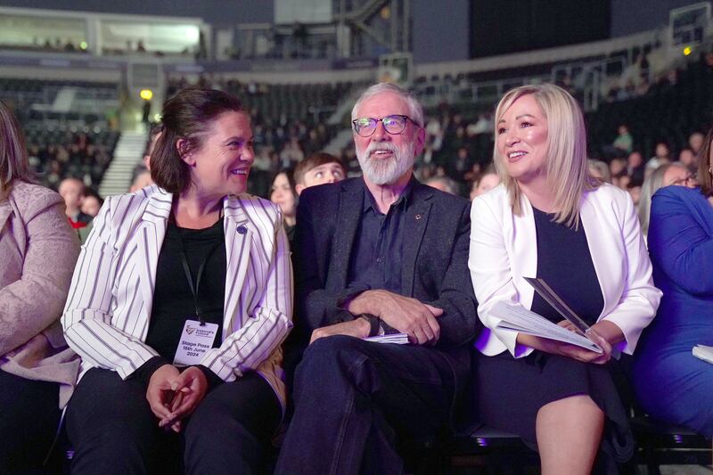 Sinn Féin president Mary Lou McDonald, former president Gerry Adams and vice-president and Northern Ireland First Minister Michelle O'Neill at the SSE Arena. Photograph: Brian Lawless/PA Wire