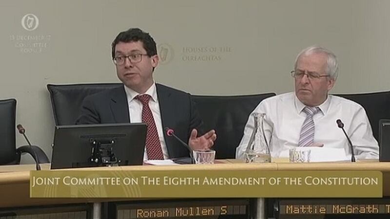 Senator Rónán Mullen (Independent) and Mattie McGrath TD (Independent) attending the Oireachtas Committee on the Eighth Amendment on Wednesday.