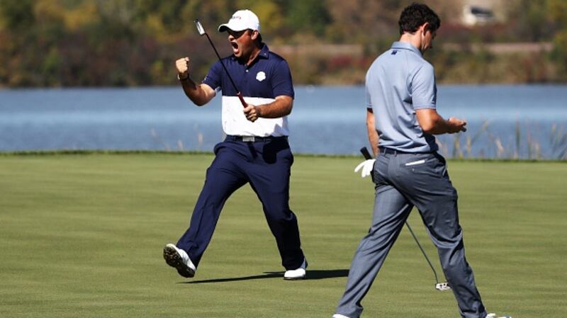 Patrick Reed and Rory McIlroy in the heat of battle at Hazeltine. Photograph: Sam Greenwood/Getty Images