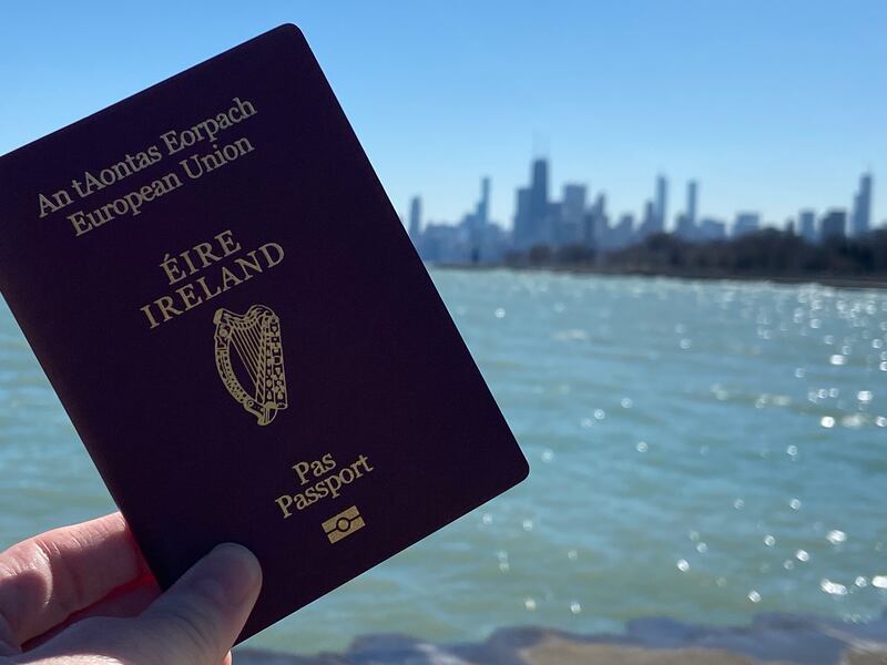 Damien Fox's passport with the Chicago skyline in the background. Photograph: Damien Fox