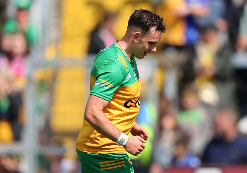 Donegal’s Caolan McColgan celebrates scoring the final point of the game. Photograph: Leah Scholes/Inpho