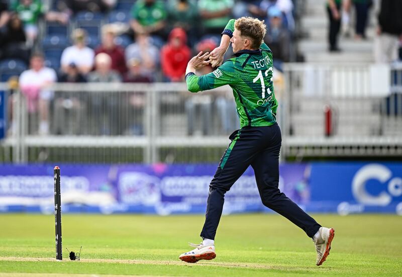 Ireland bowler Harry Tector during match one against England. Photograph: Seb Daly/Sportsfile