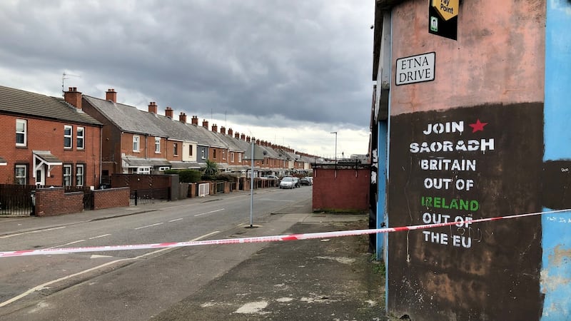 The scene at Etna Drive in the Ardoyne area of Belfast, where a man has died in a shooting on Saturday morning. Photograph: David Young/PA Wire