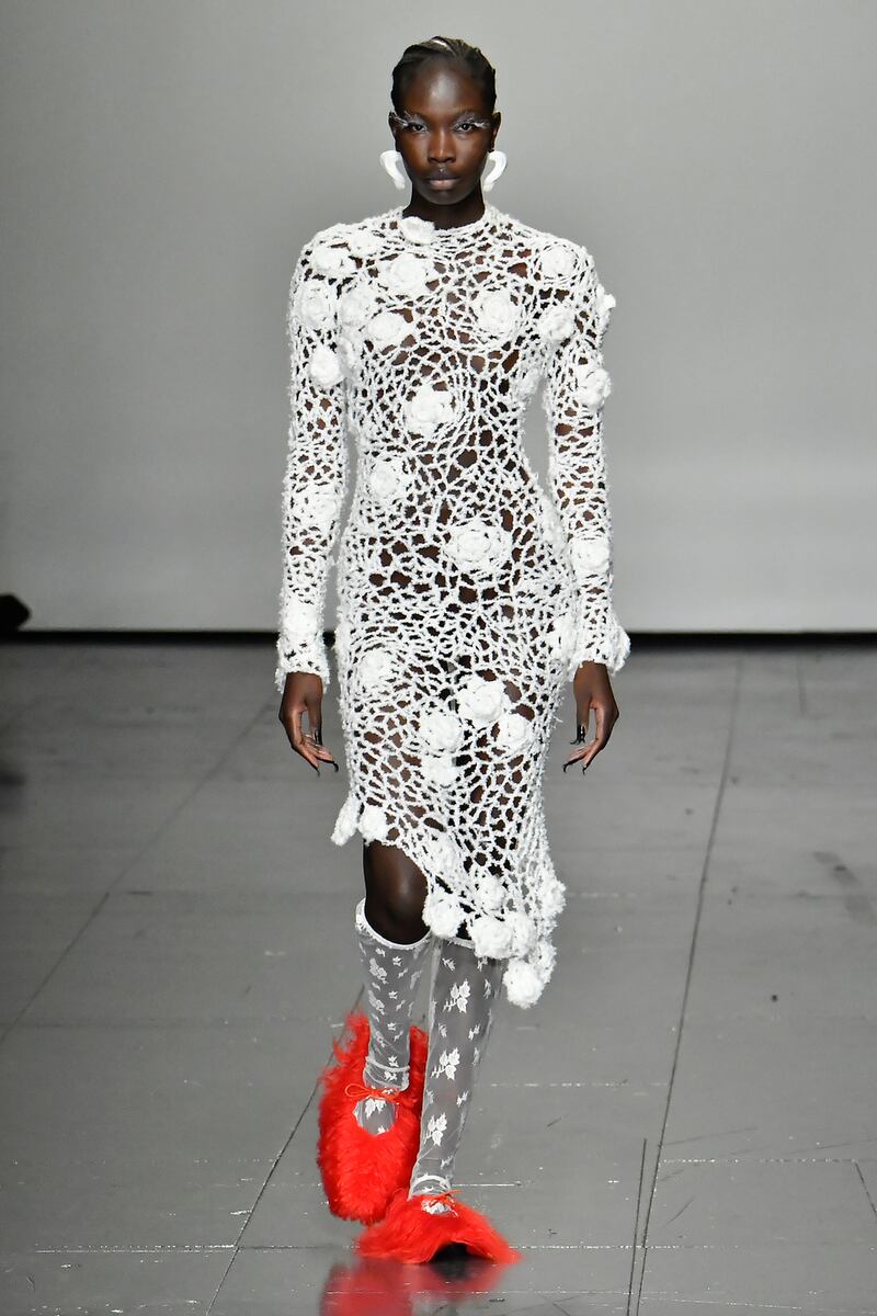 A model walks the runway during the Yuhan Wang ready to wear fall/winter 2022-2023 fashion show as part of the London Fashion Week. Photograph: Victor Virgile/Gamma-Rapho via Getty Images