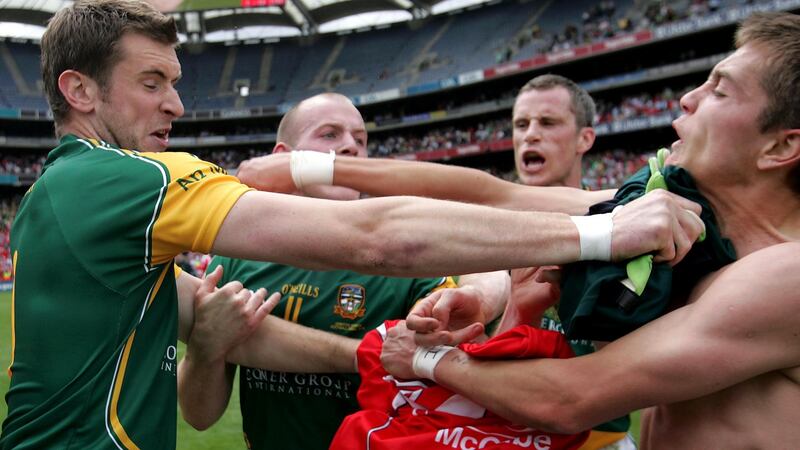 Meath and Louth players clash at the end of the game. Photo: Donall Farmer/Inpho