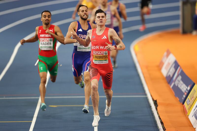 Norway’s Jakob Ingebrigtsen crosses the line to win the men's 1,500m. Photograph: Morgan Treacy/Inpho